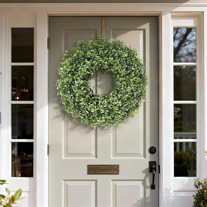 26" Artificial Boxwood Wreath for Front Door - Large Faux Aglaia Odorata Wreath, Fake Eucalyptus Leaves Plants for Wall Window Farmhouse Outdoor Decor - Spring, Summer, All Seasons (Green)