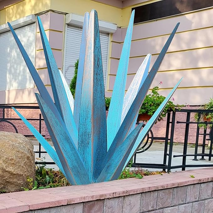 TOMBABY Enlarge Metal Plants Tequila Rustic Sculpture, Outdoor Patio Yard, Home Decor Hand Painted Agave Garden Statue, Outdoor Lawn Ornaments Yard Stakes for Mom Gift (1 Large Blue)