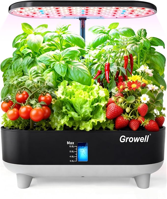 Hydroponics Growing System Kit, 16 Pods, Vertical 8L Indoor Gardening System for Herb Vegetable Fruit, with LED Grow Light, Smart Water Circulation, 3 Light Modes & 2 Timer, Black