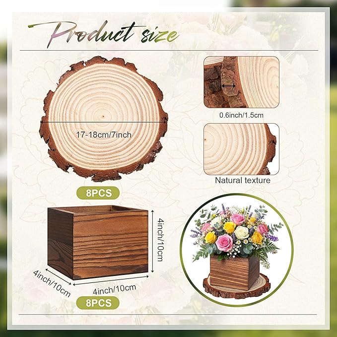 Leinuosen 16 Pcs Wedding Centerpieces Decor Set 8 x 4-inch Rustic Wood Cube Planter Box with 8 x Natural Wood Slices Tabletop Floral Arrangements for Baby Shower Home Garden Decorations