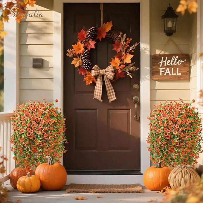Serwalin 4PCS Artificial Fall Flowers for Outdoors Decoration, Realistic Silk Artificial Fall Hanging Flowers for Patio, Garden, Porch, Window, Outside (Orange,8PCS)