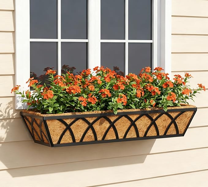24 Inch Window Deck with Coco Liner, 24" Window Boxes Horse Trough with Coconut Coir Liner, Fence Metal Hanging Flower Planter Window Basket Deck Railing Planter Boxes for Outdoor Garden Lawn, 2pcs