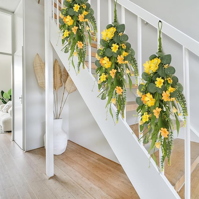 2 Pcs 24" Artificial Summer Flower Teardrop Swag for Front Door Spring Wreath Yellow Wild Daisy Swags Wreaths Floral Hanging Wreaths for Kitchen Cabinet Window Wall Wedding Party Home Decor
