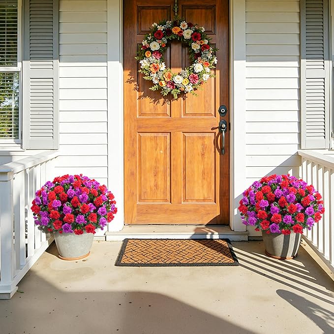 Artificial Fake Outdoor Flowers Plants, Faux Silk Camellia Bundles UV Resistant No Fade Realistic for Planter Pot Outside Porch Patio Balcony Garden Yard Home Decor, 3 Large Bundles (Red +Fuchsia)