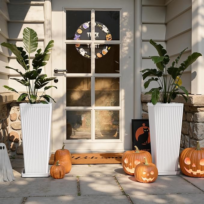 Trygoal Square Tall Planters for Outdoor Plants Set of 2-23.6" Modern Tapered Indoor Flower Pots with Drainage Holes/Partition/Tray, Large Outdoor Planters for Porch Patio Garden Front Porch, White