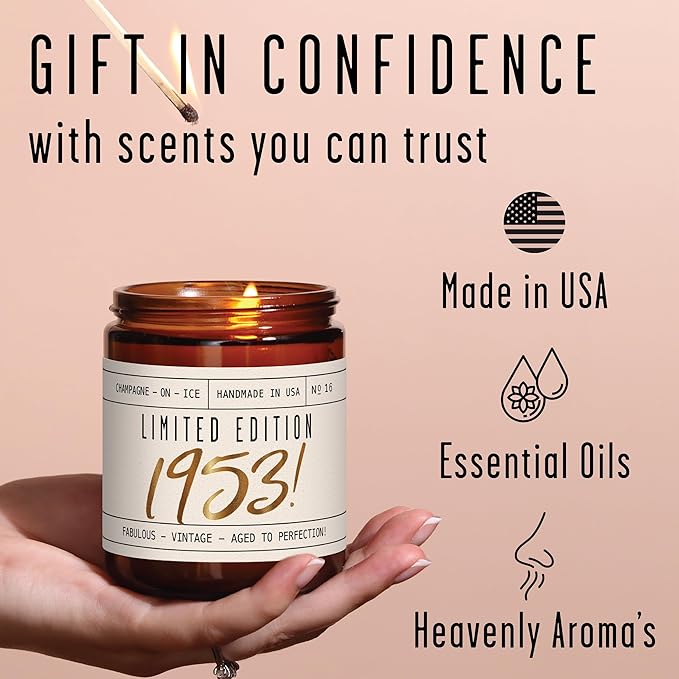 73rd Birthday Gifts for Women - 'Limited Edition 1953' Soy Candle, w/Champagne on Ice I 73rd Birthday Gift for Her Ideas I 9oz Reusable Jar, 50Hr Burn, Made in USA
