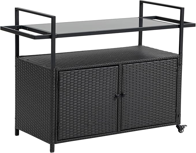 Outdoor Wicker Bar Cart, 51.18" Patio Wine Serving Cart with Tempered Glass Top, Rolling Beverage Table with Wheels & Storage Shelf for Garden, Backyard & Poolside, Black