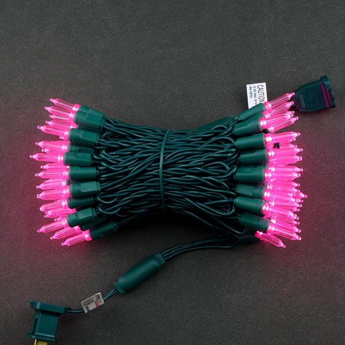 YULETIME 100 Pink One-Piece T5 LED Christmas Lights, 33 ft High Waterproof UL Certified Green Wire String Lights (Pink)