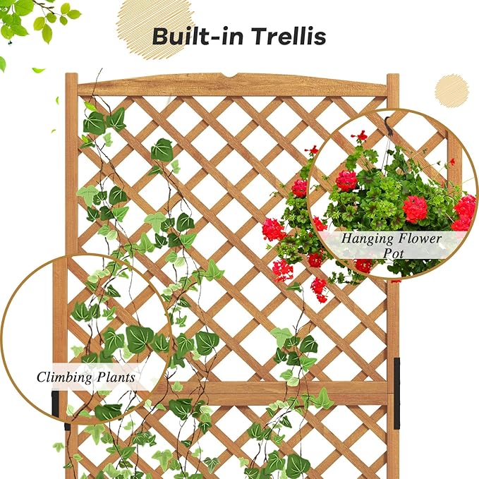 S AFSTAR Raised Garden Bed with Trellis, Indoor & Outdoor Wood Elevated Plant Container with Diamond Shaped Trellis & Drain Hole, Above Ground Garden Bed for Vine Climbing Plants