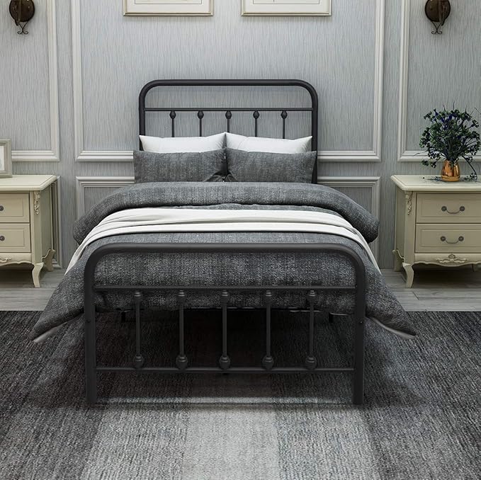 DUMEE Metal Twin Bed Frames with Vintage Headboard and Footboard Sturdy Premium Steel Slat Support No Box Spring Needed, Textured Black