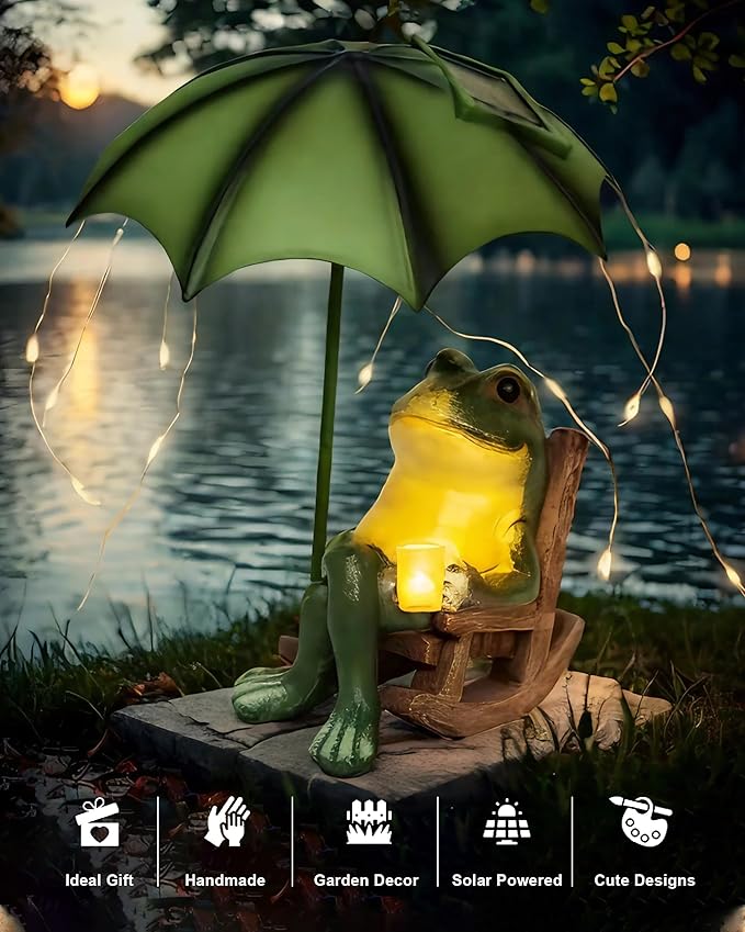 Frog Garden Statue, Solar Garden Frog Decor, Fairytale Courtyard Accessories Outdoor Figurine Lights, Art Housewarming Gift for Patio,Yard,Lawn Ornament
