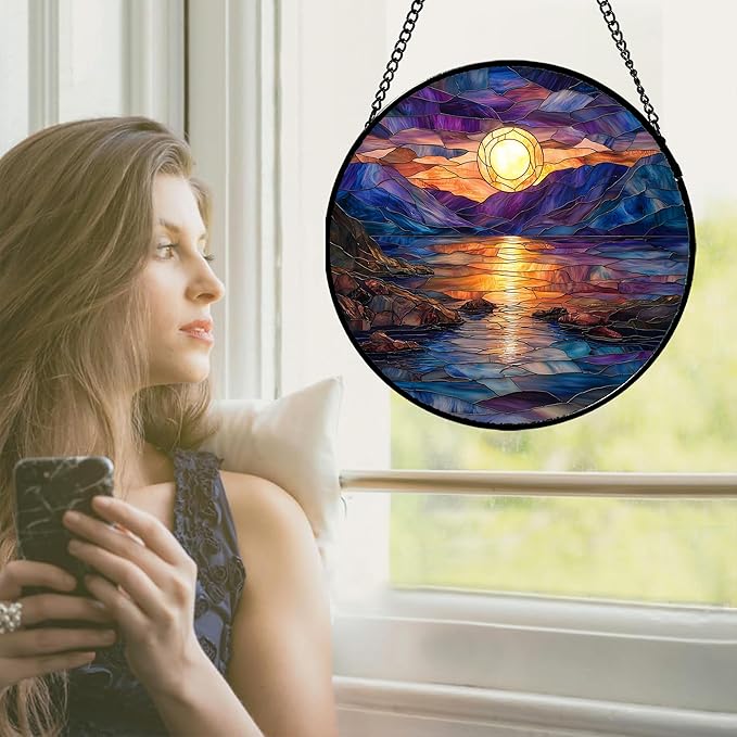 Stained Glass Window Hanging - Blue Purple Lake View Suncatcher for Door Terrace Garden Home Decor Sunset Landscape Sun Catcher Birthday Gifts for Lovers Women Men Dad Mom Nana 11.8 in