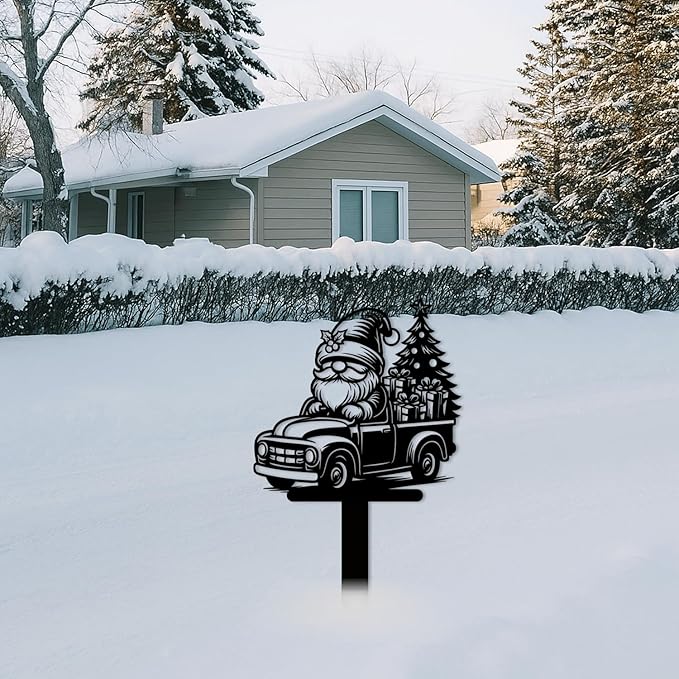 Magilab Personalized Iron Yard Stake - Christmas Cute Gnome Dwarves Decor, 8-Inch Black Metal Garden Sign for Outdoor (Style N)