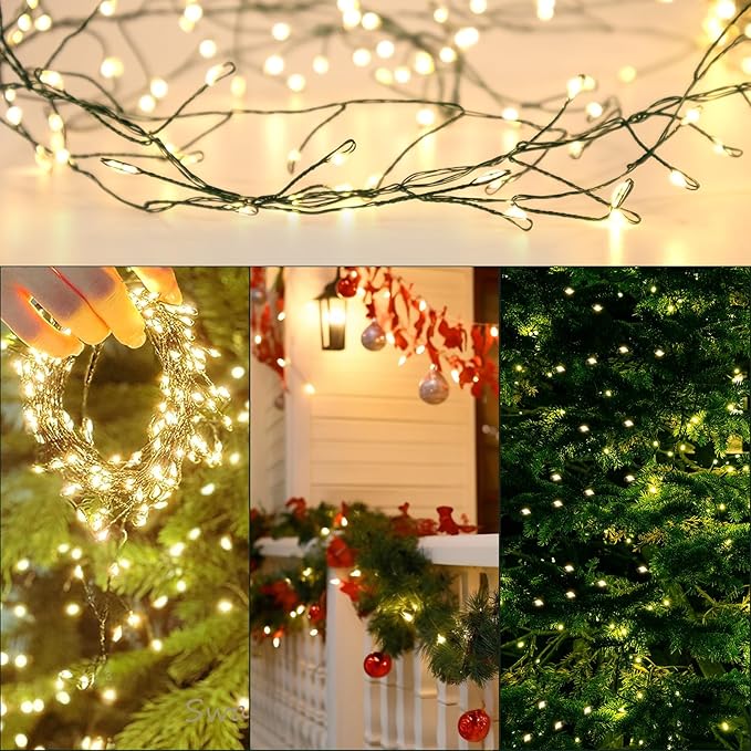 Outdoor Fairy Lights Battery Operated,20Ft 200LED Green Copper Wire Cluster Lights with Timer,Twinkle Firecracker String Lights, Mini Lights for Christmas Tree Wreath,Warm White,2 Pack