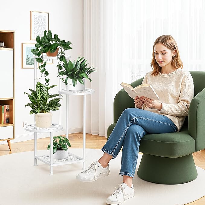 YOCOMEY 4 Tier Plant Stand Outdoor Indoor, Metal Flower Shelf Display Holder, Multiple Plants Corner Tall Flower Holders for Patio Balcony Porch Garden Living Room (White)