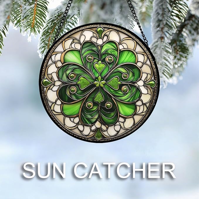 Stained Glass Window Hanging St. Ripak Festival Green Lucky Clover 9.8" - Suncatcher Door Garden Sun Catcher Ireland Decor Mother's Day for Mom Woman Her Men Sisters