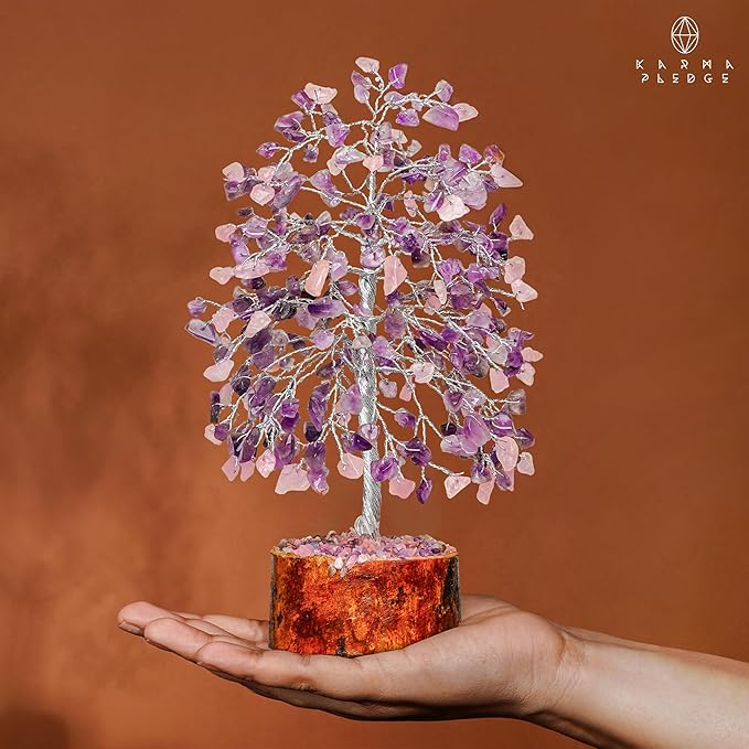 Chakra Healing Crystal Tree of Life for Birthday Gifts for Women, Home and Office Decor for Positive Energy & Good Luck, Spiritual Gifts, Feng Shui Money Trees (Rose, Amethyst Dual Beads)