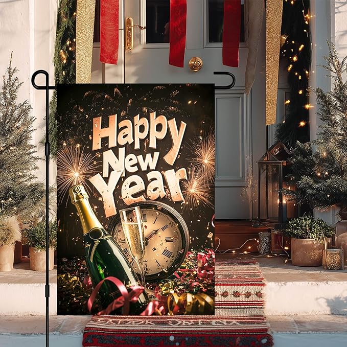 Happy New Year Garden Flag 12x18 Inch Countdown Clock Winter Holiday Yard Decor Seasonal Banner Outdoor Champagne Celebration Lawn Sign Double Sided Polyester For Girls or boys gifts