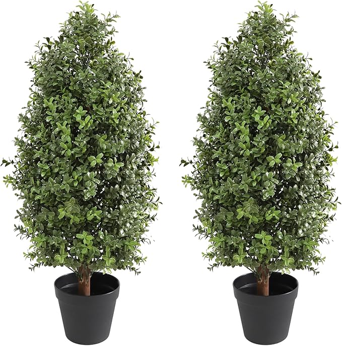 30" Tall Artificial Boxwood Topiary, 2 Pcs Outdoor Ready Artificial Boxwood Topiaries Trees, Natural Looking Fake Potted Shrubs