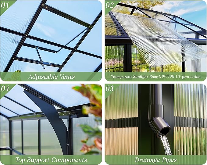 Jocisland 8x18 FT Polycarbonate Greenhouse with Quick-Connect Fittings, Walk-in Large Aluminum Sunroom with 2 Swing Doors, Winter Greenhouse for Outdoors Black