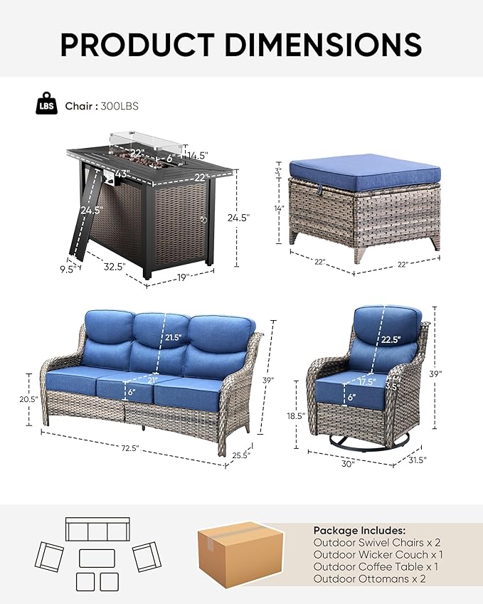 HUMMUH 6 Pieces Patio Furniture Set with Fire Pit High Back Outdoor Furniture Set 6-inch Cushions Wicker Patio Swivel Rocker Chairs for Balcony Garden,Lawn,Deck