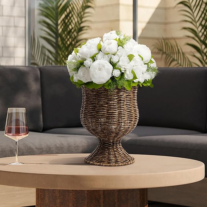 8 Inch Goblet Planter, Woven Rattan Look Resin Flower Pot with Metal Frame, Brown