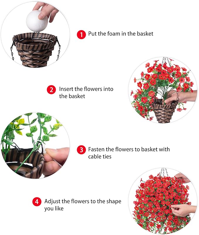 HyeFlora Artificial Hanging Flowers Basket for Outdoor, Fake Flowers Faux Plants Look Real for Yard Gardens Porch Patio Home (Red)
