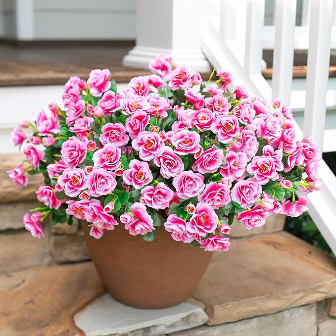 Artificial Fake Outdoor Outside Flowers Plants For Fall Decor, Faux Silk Pink Camellia UV Resistant Realistic for Front Door Porch Patio Planter Balcony Garden Yard Home Decor, 3 Large Bundles