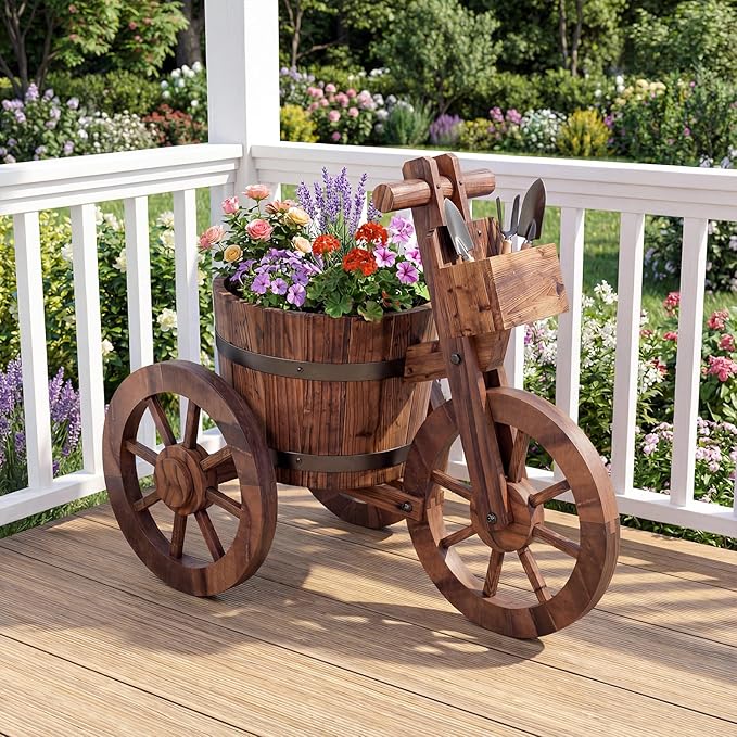 Giantex Wooden Wagon Planter with Wheels Set 2, Rustic Wood Plant Stand with Drainage Hole for Flowers Herbs Vegetables, Indoor Outdoor Decorative Garden Flower Cart for Patio Backyard Balcony