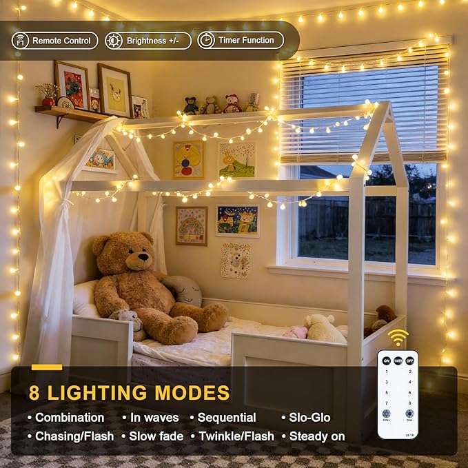 JMEXSUSS 100 LED Connectable Globe String Lights Indoor Bedroom, 33ft Warm White Christmas Lights Plug in with Remote, 8 Modes Hanging Fairy Light Outdoor for Room Classroom Party Valentine Day Decor