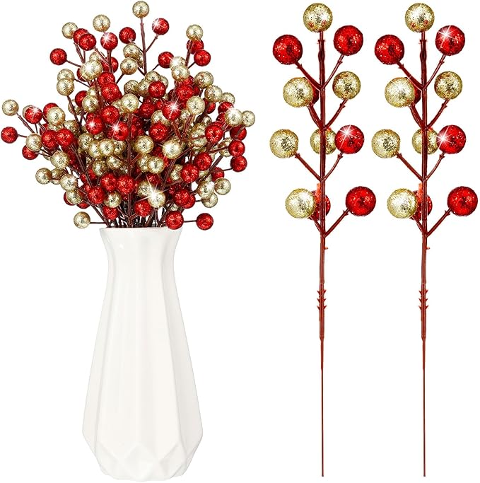 24 Pcs Christmas Glitter Berries Stems, 8.8" H Artificial Christmas Picks for Christmas Tree Ornaments, Holiday Wreath DIY Crafts, Xmas and Home Decor (Red, Gold)