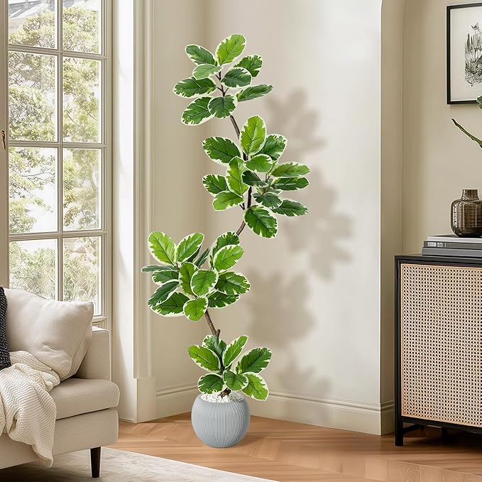 GarveeHome Fiddle Leaf Fig Tree Artificial Indoor, 5 ft Tall Faux Rubber Tree with Sphere Planter, Tall Artificial Plants with Moss for Home Decor Office Living Room