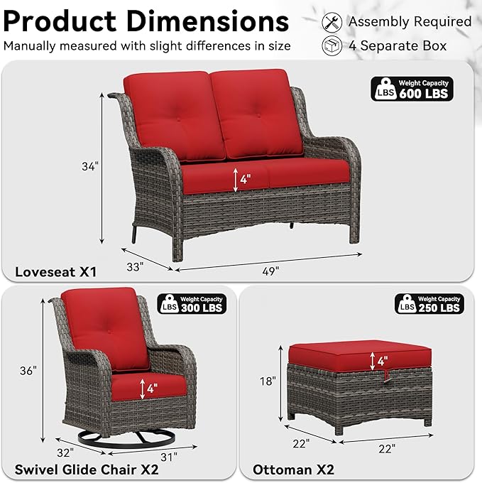 5 Piece Outdoor Wicker Patio Furniture Set, Outdoor Swivel Rocker Patio Chairs Set with Thickened Olefin Cushions, High Back and Deep Seating, Hand-Woven PE Rattan for Porch, Deck
