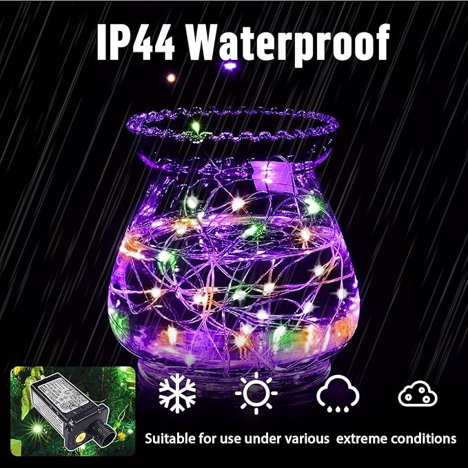 LAMPHOME Halloween Fairy Lights Plug in, 33Ft 100 LEDs Waterproof Twinkle Firefly Lights, Adaptor Included, Starry String Lights for Wedding Indoor Outdoor Christmas Patio Garden, Orange Purple Green