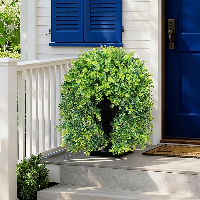 Faux Outdoor Plants Fake Hanging Plants for Outdoors Outside Decorations, 2 Pcs Green Faux Eucalyptus Stems Realistic UV Resistant Artificial Greenery for Planters Porch Garden Yard Front Door Patio
