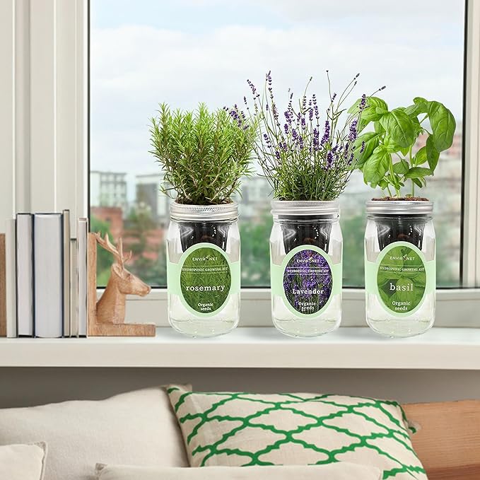 Environet Hydroponic Herb Growing Kit Set, Self-Watering Mason Jar Herb Garden Starter Kit Indoor, New Christmas Gift for Mom (Lavender, Rosemary & Basil)