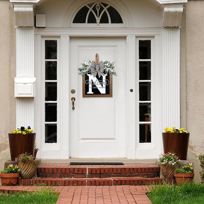 Ultra Large 14'' Last Name All Year Round Front Door Wreath with 26 Initial Letter Welcome Sign All Seasons Eucalyptus Garland and Bow Wreaths for Front Door Porch Farmhouse Decoration (N)