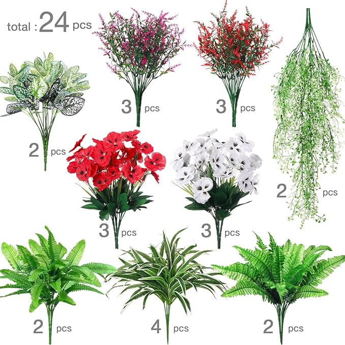 24 Pcs Outdoor Artificial Plants UV Resistant Faux Plant Fake Greenery Stems Faux Shrubs Flower for Outside Hanging Front Porch Patio Garden Window Box Home Wedding Summer Spring Decor(Green Red)