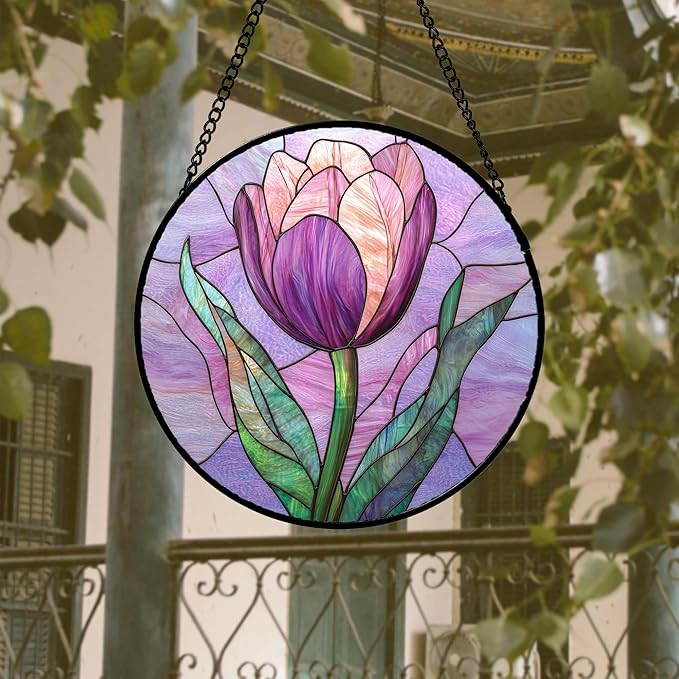 DASTOLL Stained Glass Window Hanging 4 Pcs Set Purple Flower Theme Large 15" - Tulip Suncatcher Door Garden Sun Catcher Decor Birthday Christmas for Plant Lovers Woman Nana Men