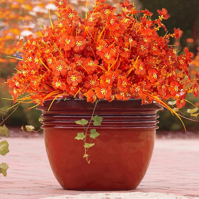 Grunyia 20 Bundles Artificial Fall Flowers Outdoor,No Fade Fake Plastic Flowers,Faux Autumn Plants for Indoor Outside Garden Porch Window Box Home Wedding (Fall Orange)
