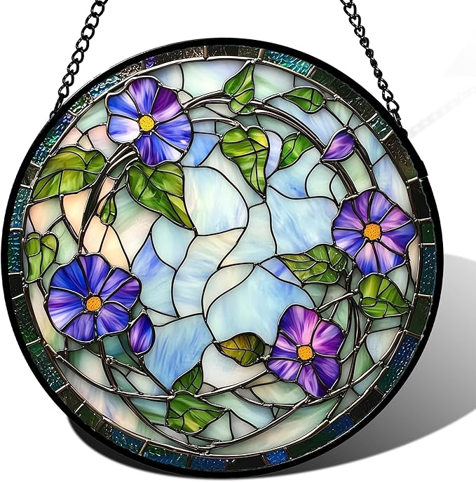 DASTOLL Stained Glass Window Hanging, Purple Morning Glory Flowers Suncatcher for Doors Window Home Plant Sun Catchers Decoration Mother's Day Birthday Gifts for Women, Men, and Mom 6.3x6.3 in