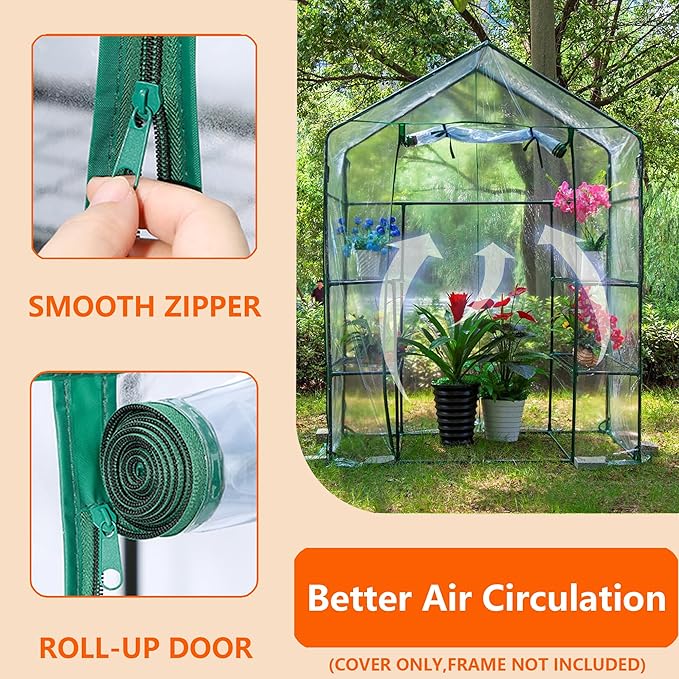 Greenhouse Cover Replacement, 56×56×76 Inches PE Walk-in Greenhouse Cover for Gardening Plants w/Roll-Up Zipper Door, Waterproof Wind Rain Proof Frost Protection , Easy Assembly (No Frames Include)
