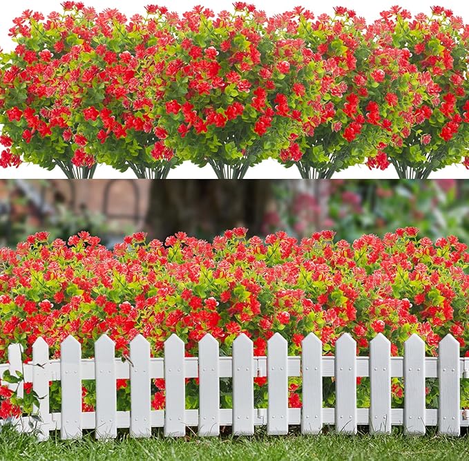 Grunyia 20 Bundles Artificial Flowers UV Resistant Fake Flowers No Fade Faux Plants Garden Porch Window Box Decorating (Red)