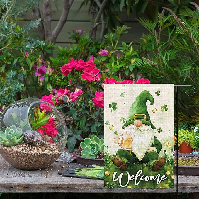 St Patricks Day Gnome Garden Flag 12×18 Inch Double Sided Lucky Shamrock Small Burlap Welcome Green Clover Holiday Outside Yard Flag