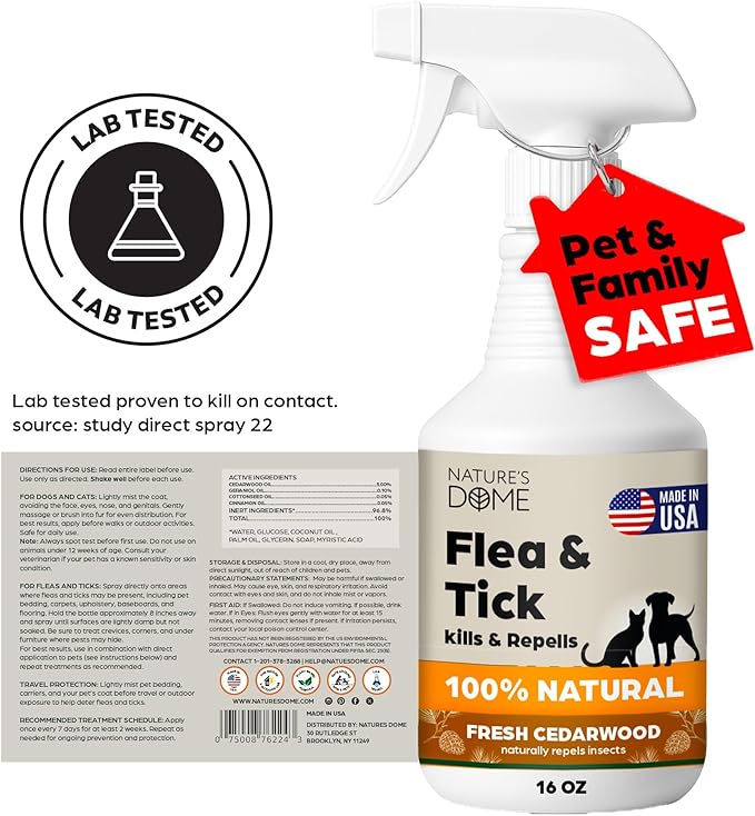 Nature’s Dome Cedarwood Flea & Tick Spray – 16 oz – Kills & Repels Fleas, Ticks, Larvae & Eggs – Plant-Based Pest Control – Safe for Pets, Kids & Plants – Ready-to-Use