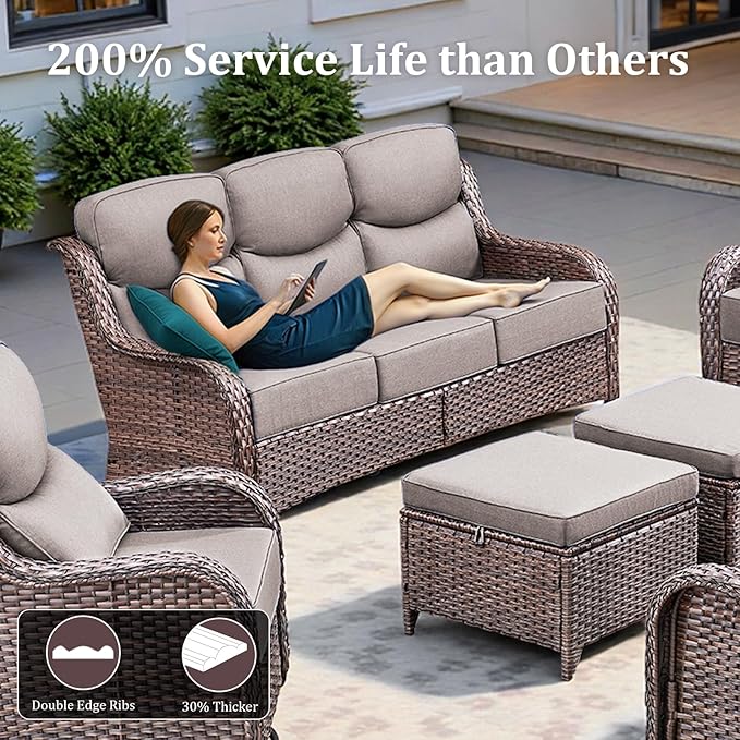Luxury Patio Furniture Set with 42.5" Fire Pit Table, 8 Pieces High Back All Weather Wicker Outdoor Furniture w/ 6-Inch Thick Cushions, Patio Swivel Chairs Couch for Deck Balcony Backyard Brown/Grey