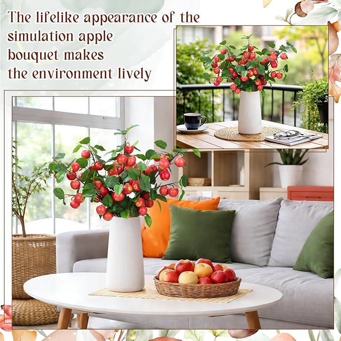 6 Pcs 29.53 Inches Artificial Fake Apple Branches Realistic Tall Apple Bouquets Tree Branch with Long Stem and Green Leaves Fruit Plant for Home Office Vase Filler Shop