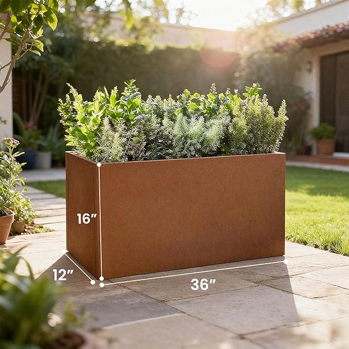 GZLVSOW Corten Steel Corner Metal Planter Box L36 x W12 x D16 Rusted Garden Steel Planter Pot for Patio Modern Farmhouse Rustic Design (L36 x W12 x D16, Rusted)