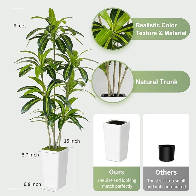 ProDeco Artificial Dracaena Tree 6ft Tall - Green Silk Realistic Fake Plants for Office Home Living Room Bedroom Decor Indoor Outdoor with Pot Large House Faux Floor Plants