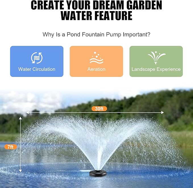 H1-1 Pond Fountain Aerator - 1HP 750W 16000 GPH Floating Aerating Pump with Timer, 120V/100FT Power Cord/2 Nozzles Outdoor Water Circulation Pump for Small Large Ponds, Lakes, Water Gardens